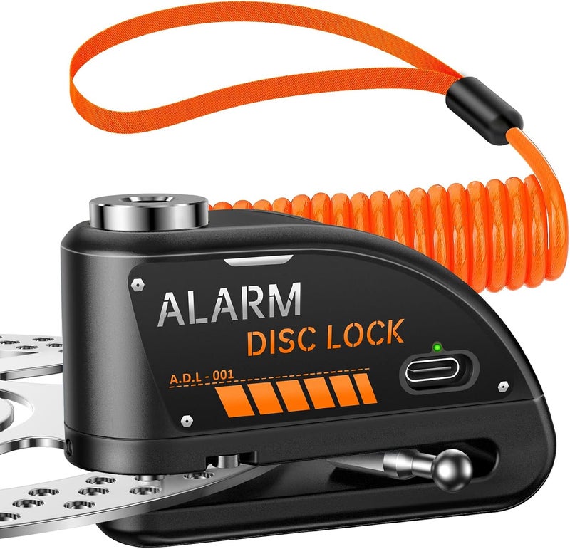 Onvian Motorcycle Disc Brake Lock with 120dB Alarm, Rechargeable Waterproof Motorcycle Locks Anti Theft for 7mm Motorcycle Brake Helmet Scooter Wheel Lock 5FT Reminder Cable (Black) - Image 1